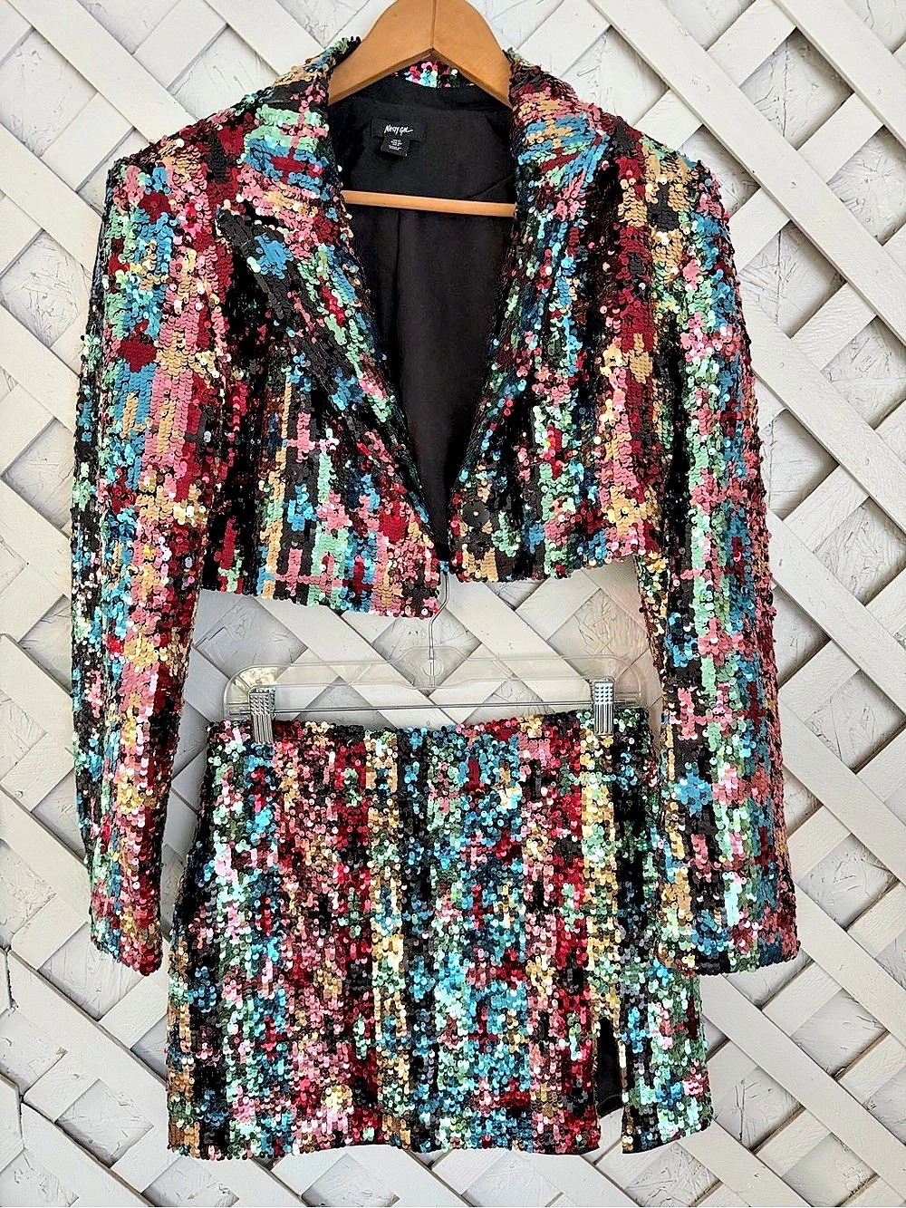 Nasty Gal Sequin Mini Skirt & Blazer Set Multicolor Party Glam NYE size 8
